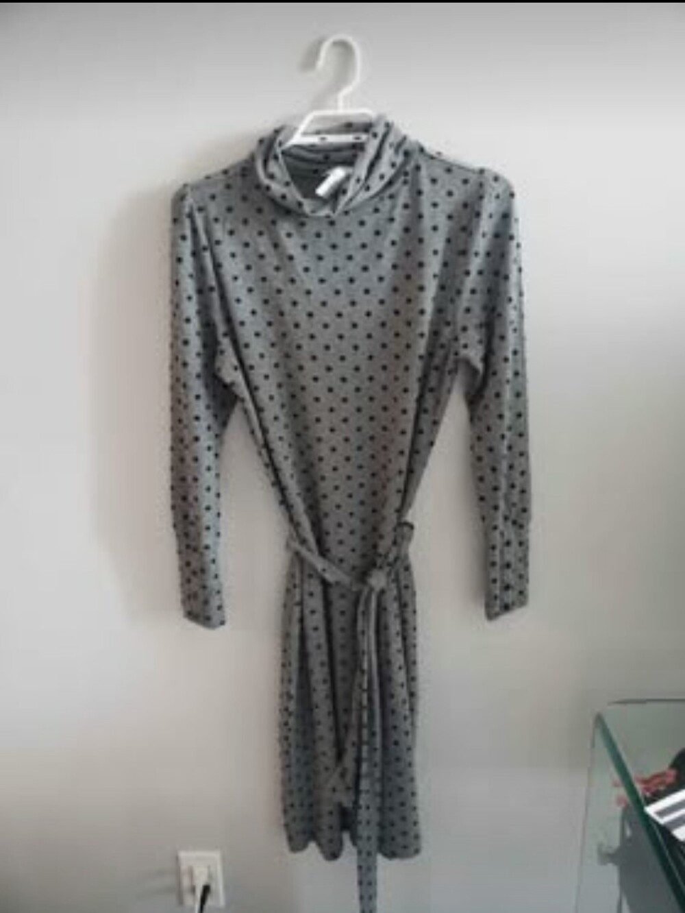Suzy Shier Grey Polka Dot Long-Sleeve Tie-Waist Dress